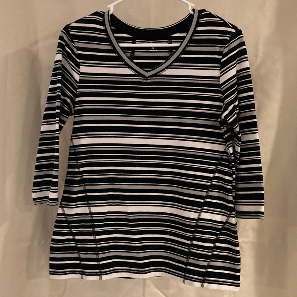 Kim Rogers Black & white striped, mostly cotton shirt. Size PS. Great Condition!